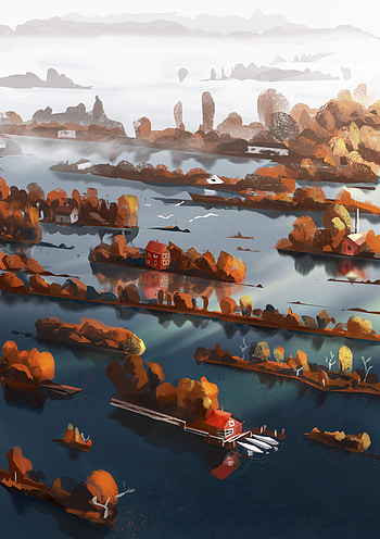Island, Art, Autumn, Sea, Building HD phone wallpaper