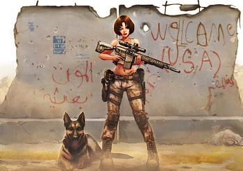 Short Hair Anime Girl Wtih M110 Gun Along Dog , anime-girl, anime, artist, artwork, digital-art, gun HD wallpaper