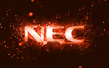 NEC orange logo, , orange neon lights, creative, orange abstract background, NEC logo, brands, NEC HD wallpaper