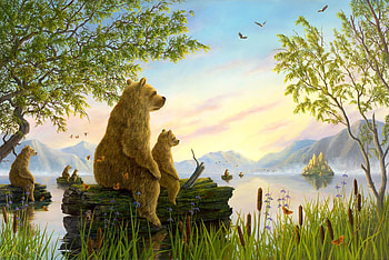 Sunset, pictura, robert bissell, water, lake, art, urs, fantasy, bear, painting HD wallpaper
