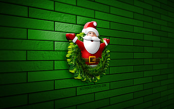 Santa Claus, green brickwall, xmas wreath, Christmas decorations, 3D Santa Claus, Happy New Year, Merry Christmas, christmas wreath, 3D art, 3D Santa, xmas decorations, xmas icons HD wallpaper