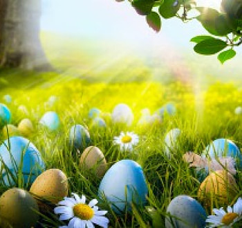 Easter Time, sunshine, green, cute, meadow, flowers, grass, spring, eggs HD wallpaper