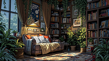 Cozy Reading Nook —, Bookshelf, Sofa HD wallpaper