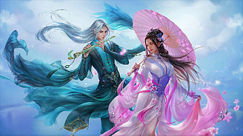 Fantasy couple, Umbrella, Sp, Sakura, Flute, Flowers HD wallpaper