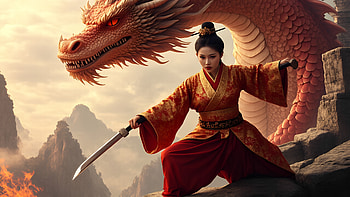 asian, girl, dragon, sword HD wallpaper