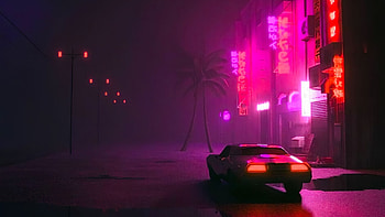 digital, digital art, artwork, illustration, synthwave, vaporwave, Retrowave, 1980s, 80s, neon, neon lights, lights, night, dark, car, vehicle, transport, urban, modern, architecture, lamp, concept art, concept car, concept cars, pink, red, purple HD wallpaper