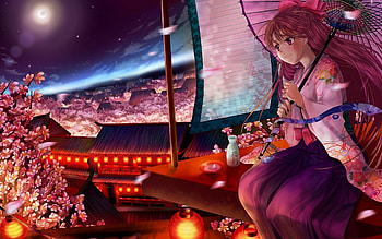 Evening, cherry tree, moon, girl, relaxed HD wallpaper