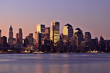 Cities, Rivers, Sunset, Usa, Building, Lights, Skyscrapers, Backlight, Illumination, Evening, United States, New York, Manhattan, County, District HD wallpaper