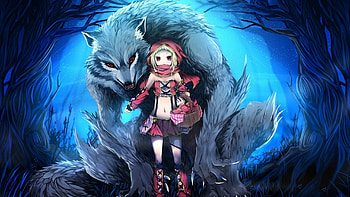 Red riding hood, ligths, wolves, werewolf, red eyes, stars, little, anime girl, blond ahir, anime, trees, sky, forest, female HD wallpaper
