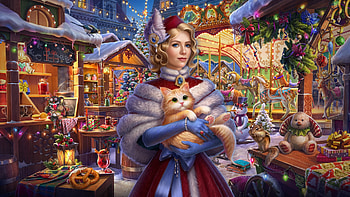 Christmas Beauty, kitten, art, , beautiful, girl, woman, digital, fantasy, snow HD wallpaper