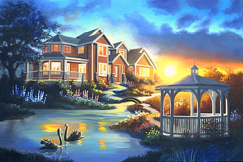 Swans House, architecture, attractions in dreams, gazebo, garden, paintings, spring, houses, summer, love four seasons, swans, flowers, pond HD wallpaper