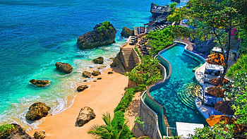 Aerial view, hotels' pool, beach, summer HD wallpaper