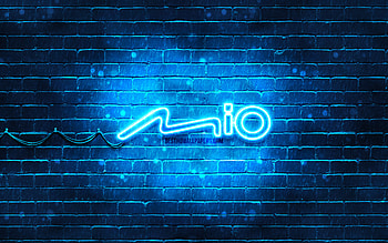Mio blue logo, , blue brickwall, Mio logo, brands, Mio neon logo, Mio HD wallpaper