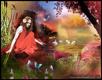 VALLEY DREAM, COLORFUL, BUTTERFLIES, SWANS, FEMALE, MUSHROOMS HD wallpaper