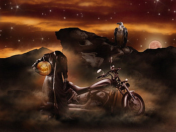 Rambling On, night, hills, stars, headless, moon, vulture, bike, motor cycle, jack o lantern HD wallpaper