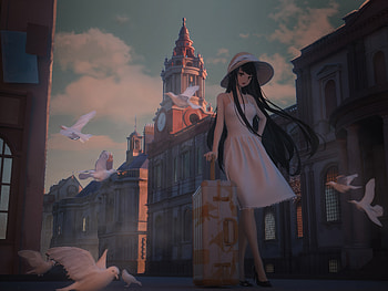 Anime Girl With A Stylish Suitcase Cap Strolls Down The Bustling Street, anime-girl, anime, artist, artwork, digital-art HD wallpaper