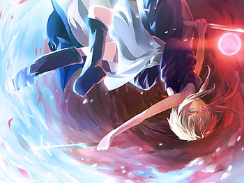 tohou, blue, moon, red, weapon, short hair, dress HD wallpaper