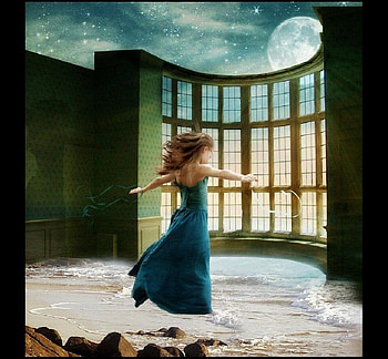 starry night..., full moon, fantasy, dancing girl, intedrior, water HD wallpaper