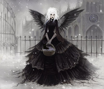 Graveyard picnic, gothic, winter, white, black, goth, girl, angel, woman, snow HD wallpaper