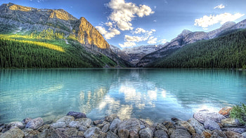 Lake Louise, Alberta, mountains, water, landscape, clouds, sky, canada, stones HD wallpaper