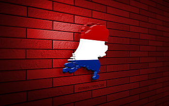 Netherlands map, , red brickwall, European countries, Netherlands map silhouette, Netherlands flag, Europe, Dutch map, Dutch flag, Netherlands, flag of Netherlands, Dutch 3D map HD wallpaper