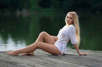 Pretty Blonde with Nice Legs, model, blonde, dock, water, dress, legs HD wallpaper