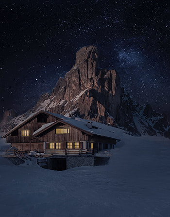 House and mountain, night, winter HD phone wallpaper
