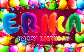 Happy Birtay Erika, , colorful balloon frame, Erika name, purple background, Erika Happy Birtay, Erika Birtay, popular american female names, Birtay concept, Erika HD wallpaper