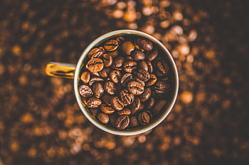 Top view of coffee beans filling a mug, perfect for caffeine lovers. HD wallpaper