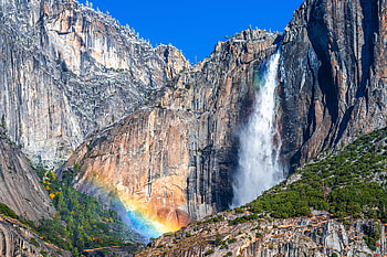 Rainbow at Base of Yosemite Falls, waterfall, nature, rainbow, usa HD wallpaper
