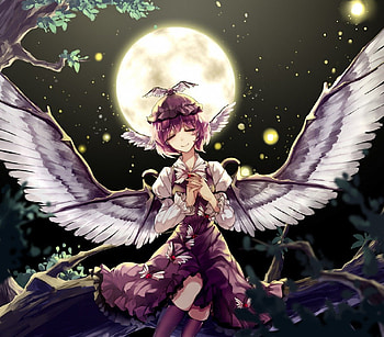 Mystia Lorelei, night, wings, Touhou, girl, dark, darkness, moonlight, anime, moon, manga, female HD wallpaper