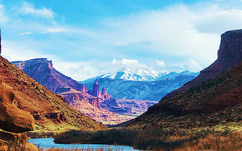 The Fisher Towers and the La Sal Mountains, Utah, rocks, peaks, usa, river, clouds, sky HD wallpaper