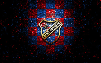 Banik Ostrava FC, glitter logo, Czech First League, red blue checkered background, soccer, Czech football club, Banik Ostrava logo, mosaic art, football, FC Banik Ostrava HD wallpaper