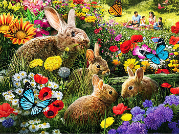 Time For Lunch, artwork, butterflies, flowers, rabbits, painting HD wallpaper