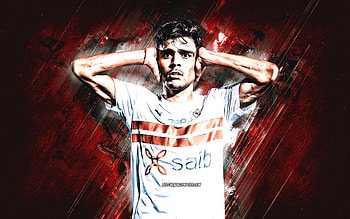Ashraf Bencharki, Zamalek SC, Moroccan footballer, portrait, red stone background, football, Ashraf Bencharki art HD wallpaper