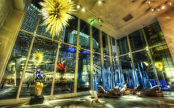amazing dale chilhuly glass culptures garden r, garden r, lobey, glass, building, sculptures HD wallpaper