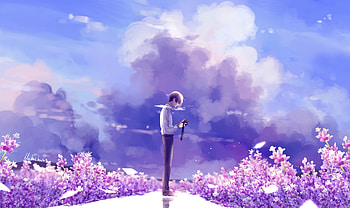 Animeguy Animemanga Clouds Digital Flowers Illustration Lavender, anime, artist, digital-art, deviantart HD wallpaper