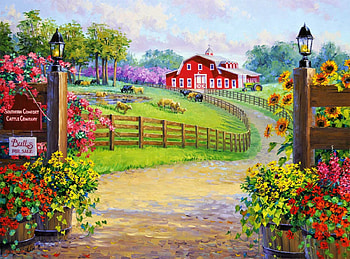 A Southern Warm Welcome, barn, painting, cows, lamps, fence, road, flowers HD wallpaper