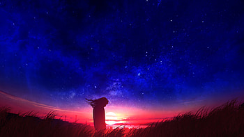 Anime Girl In Field Silhouette Sunset, anime-girl, anime, artist, artwork, digital-art, deviantart HD wallpaper