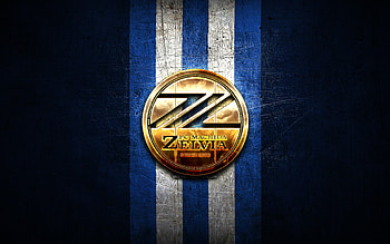Machida FC, golden logo, J2 League, blue metal background, football, japanese football club, Machida FC logo, FC Machida HD wallpaper