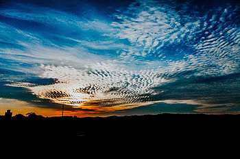 Silhouette, clouds, blue-orange sky, sunset HD wallpaper