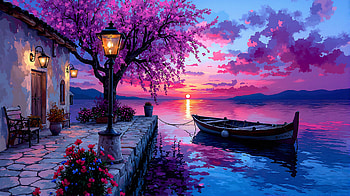 Twilight Tranquility By The Lake, boat, sea, trees, tree, sky, purple, artist, artwork, art, digital-art, ai, deviantart HD wallpaper