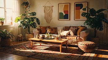 Sunlit Boho Living Room —, Sofa, Coffee Table HD wallpaper
