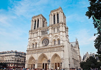Architectural beauty of Notre Dame Cathedral with crowds in Paris, France. HD wallpaper