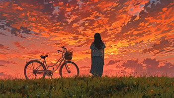 Girl With Cycle Golden Hour Goodbye, cycle, golden, sunset, artwork, art, digital-art, ai, artist HD wallpaper