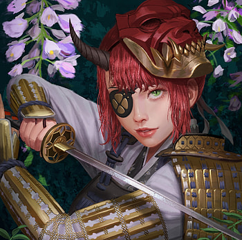Warrior girl, samurai, red, girl, katana, warrior, golden, sword, ndoor nam hyeon gwan, fantasy, yellow, redhead HD wallpaper