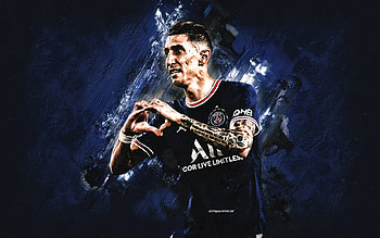 Angel Di Maria, PSG, Argentine Footballer, Midfielder, Paris Saint-Germain, Blue Stone Background, Soccer, Ligue 1, France HD wallpaper
