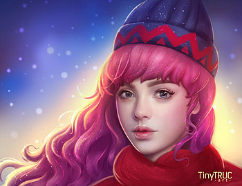 :-), winter, blue, frumusete, craciun, girl, tinytruc, pink, fantasy, iarna, christmas, face, luminos, hair, hat HD wallpaper