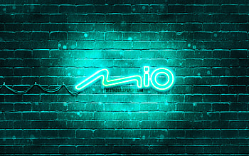 Mio turquoise logo, , turquoise brickwall, Mio logo, brands, Mio neon logo, Mio HD wallpaper