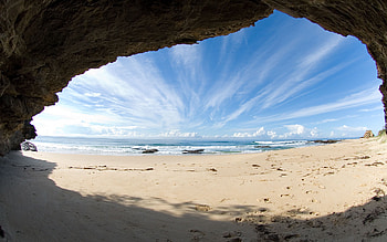 Sandy beach, ocaen, landscape, cave, sky, beautiful, nature, amazing, beach HD wallpaper